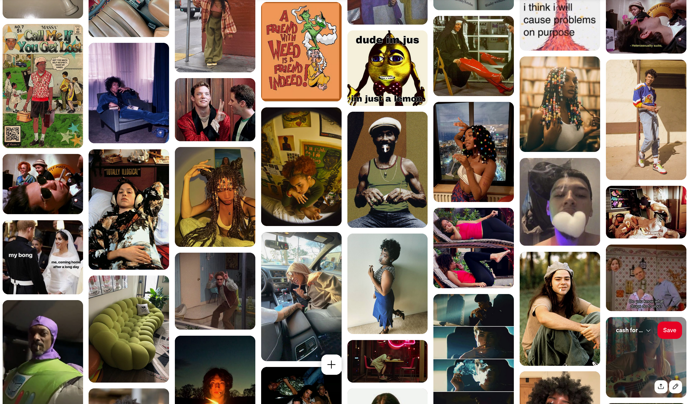 A mood board for Cash for Pokemon, featuring various funny, eclectic, diverse images of stoners, people smoking, friends hanging out, etc.